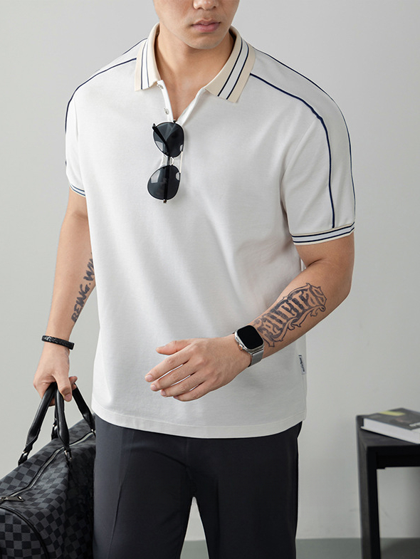 【涼感】液氨珠地棉撞色條紋POLO衫男士短袖夏季薄款休閒翻領T恤