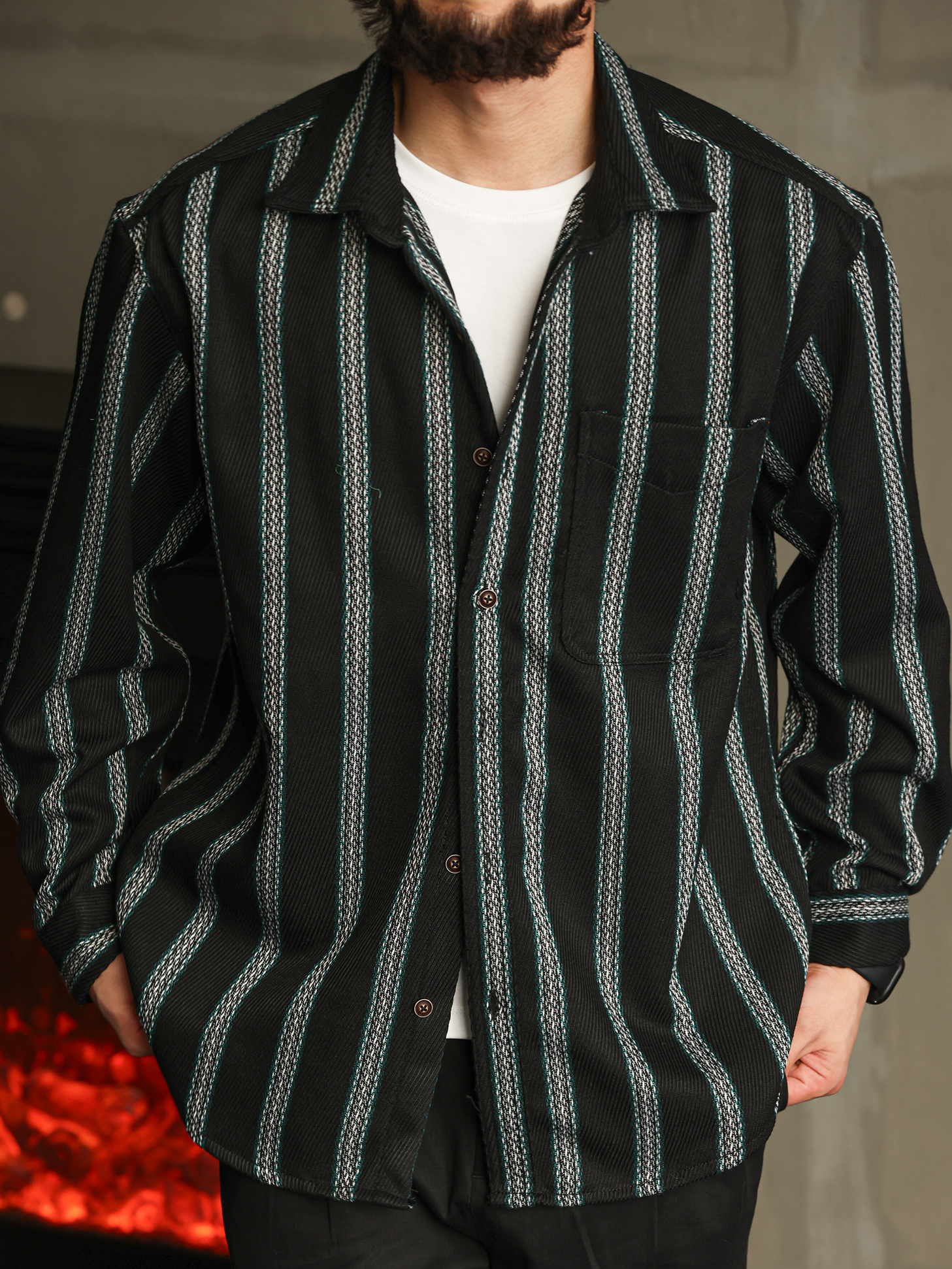 I都市摩登織帶質感條紋長袖襯衣男士秋季襯衫休閒寬鬆開衫