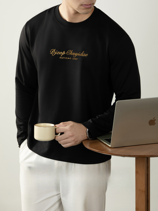 【都市輕奢風】60S雲感莫代爾棉長袖T恤男士高端鎏金燙鑽打底體恤