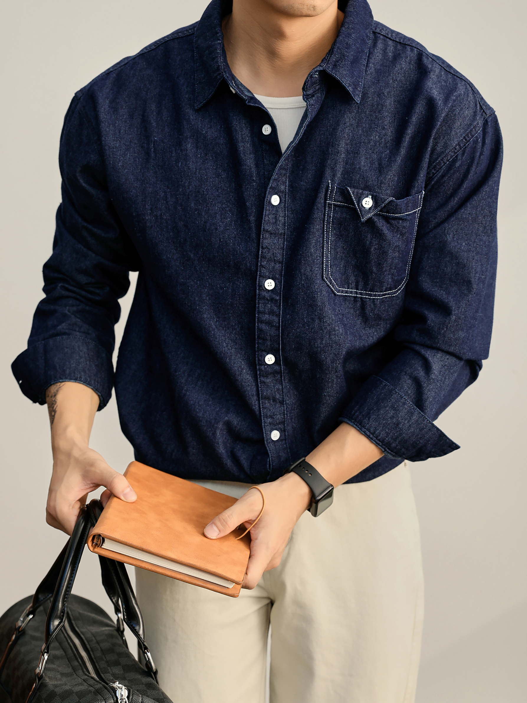 美式復古輯明線貼布口袋牛仔長袖襯衫男秋季水洗棉襯衣外套