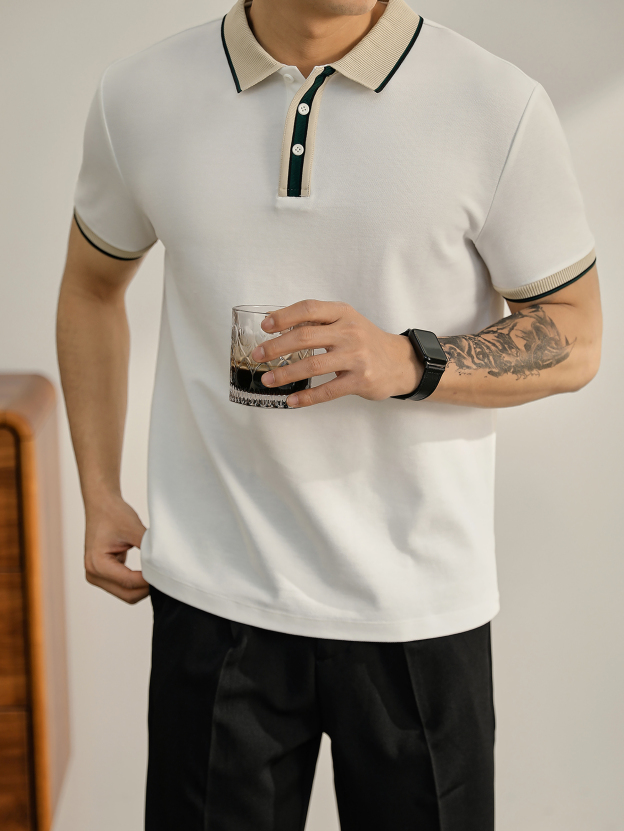 輕奢氣質感撞色翻領短袖保羅衫男士針織拼料上衣透氣Polo衫