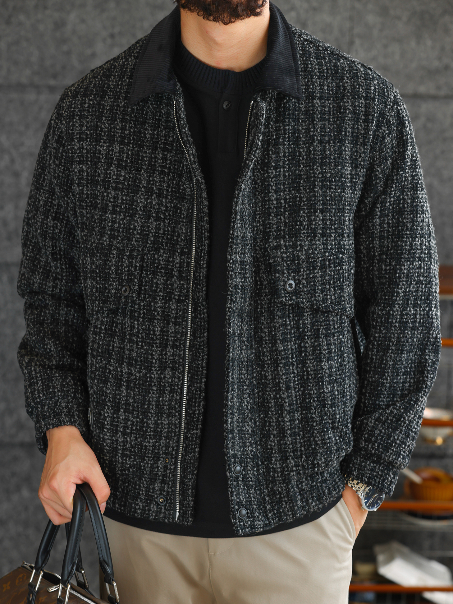 【羊毛工坊】高定花紗面料羊毛質感夾克男士休閒毛呢外套