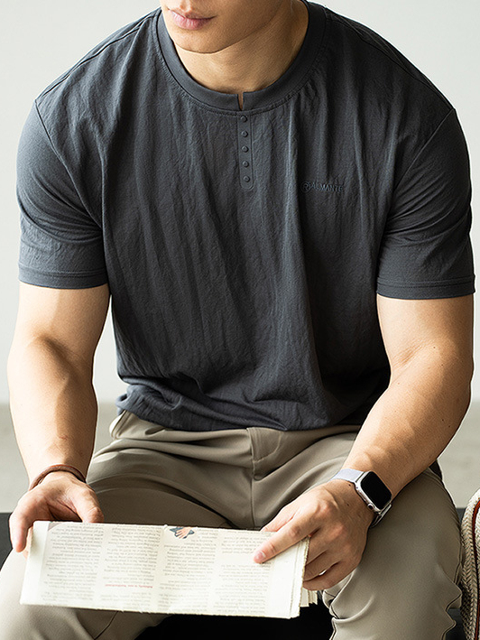 仿亞麻冰絲涼感薄款亨利領短袖T恤男2025夏透氣垂感休閒新款上衣