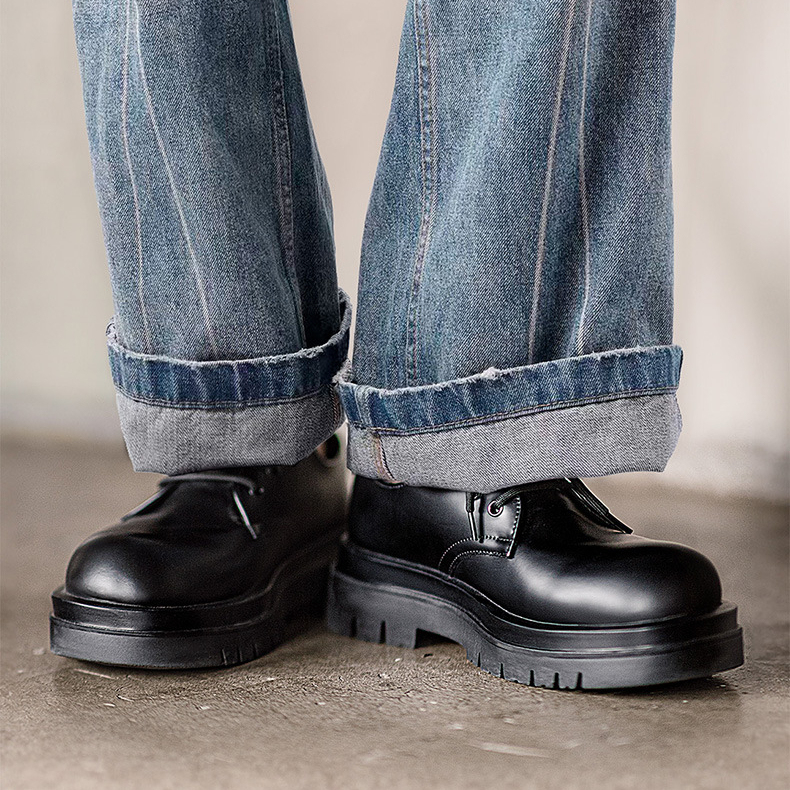 德比鞋男款厚底增高黑色大頭圓頭通勤休閒皮鞋（頭層牛皮）