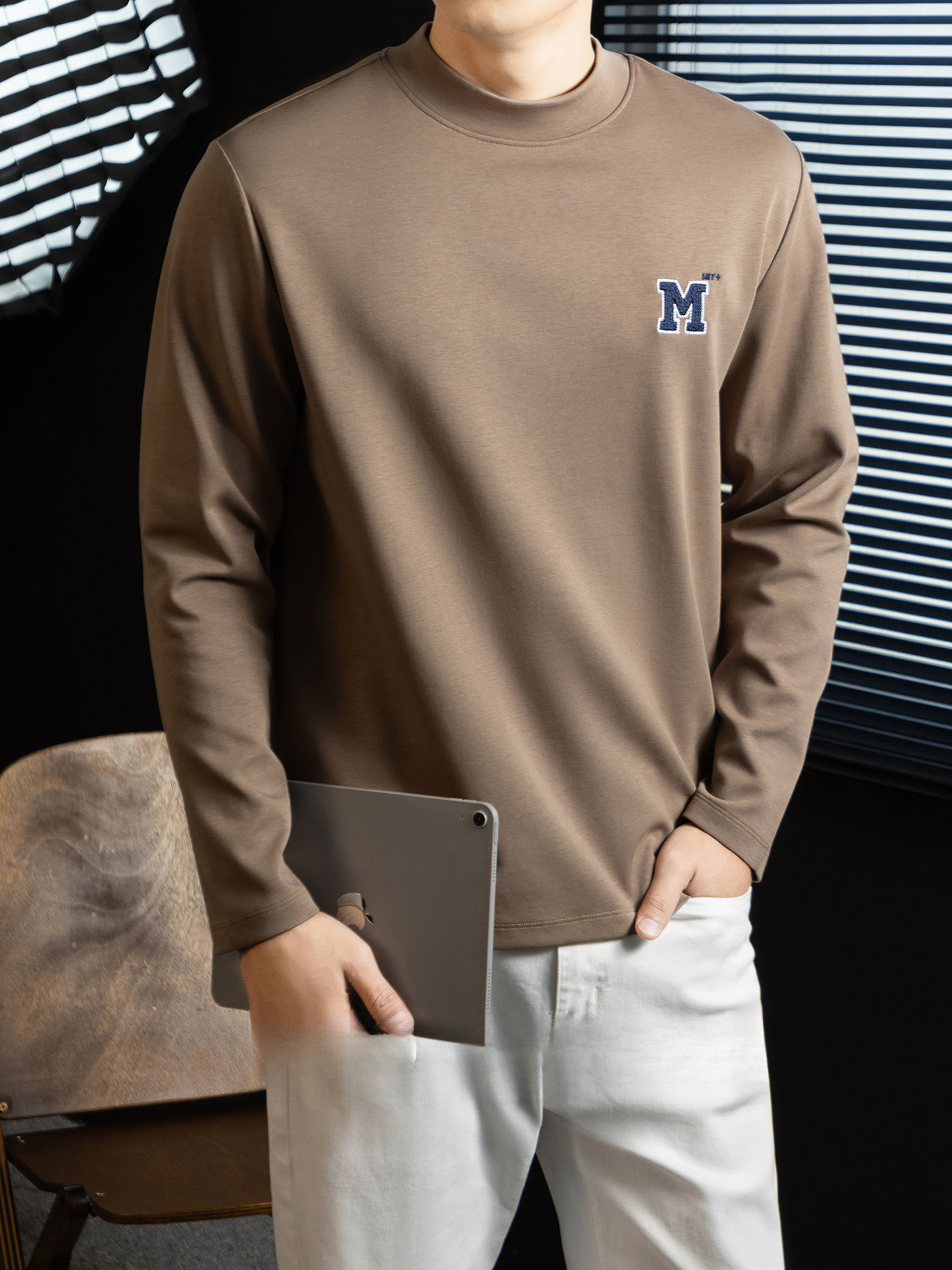 【靜奢休閒風】5A抗菌莫代爾棉長袖T恤秋冬男士中領打底衫3D刺繡