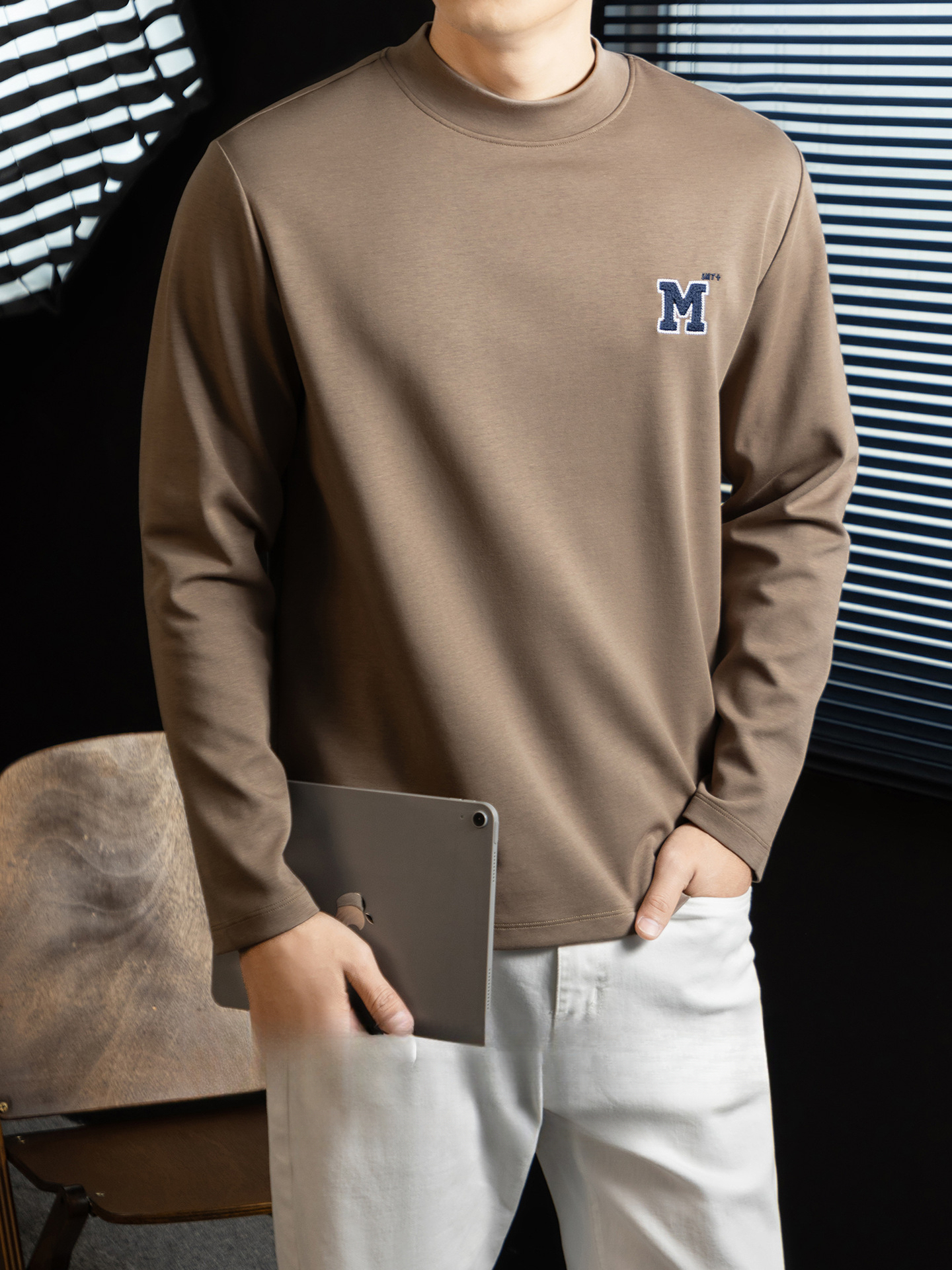 【靜奢休閒風】5A抗菌莫代爾棉長袖T恤秋冬男士中領打底衫3D刺繡