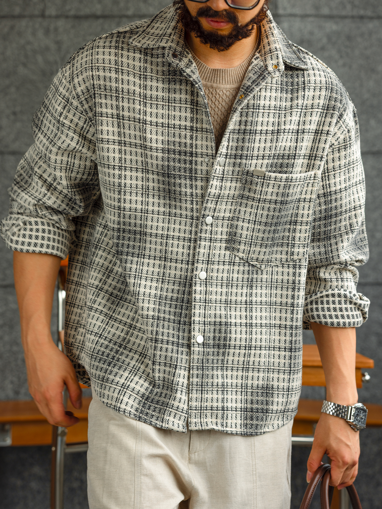 【維羅納記憶】高端粗花呢肌理長袖襯衫男小香風格子襯衣