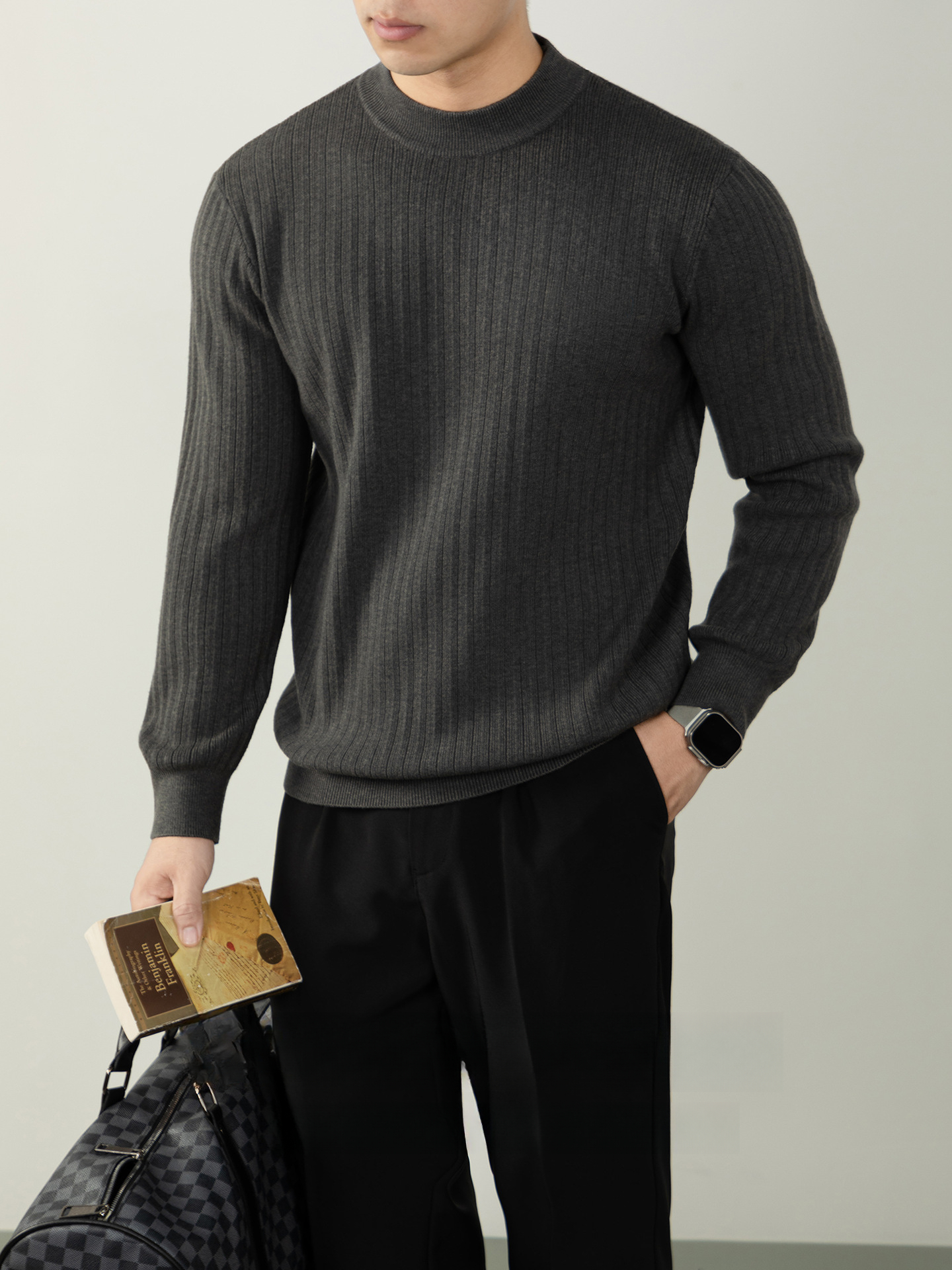 【綿羊毛•莫代爾】保暖豎紋針織衫半高領男士加厚抗球毛衣