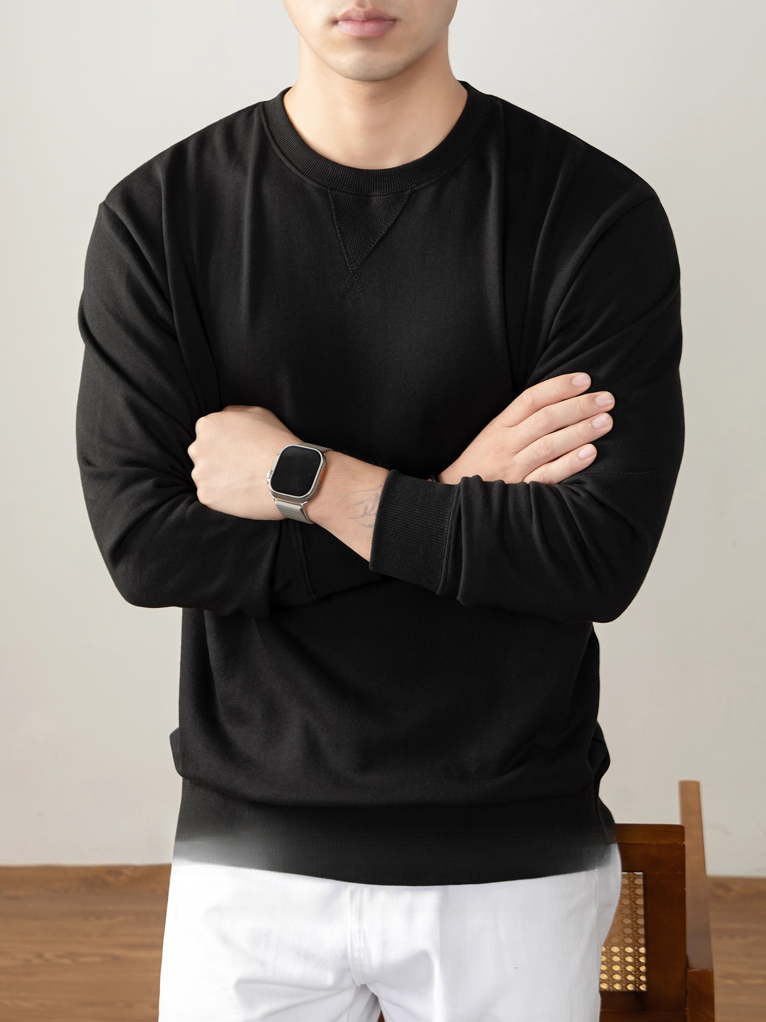 340g重磅純棉衛衣男2025秋冬新款寬鬆厚實長袖t恤純色日系打底衫