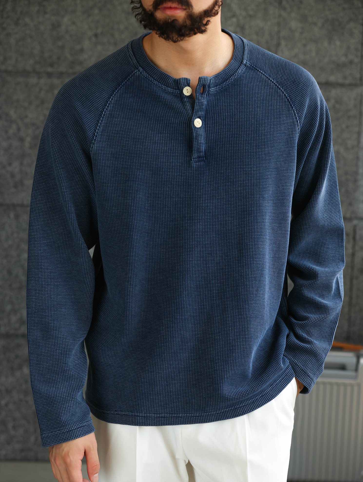 【紳士型格】水洗長袖亨利衫T恤男士美式華夫格打底衛衣