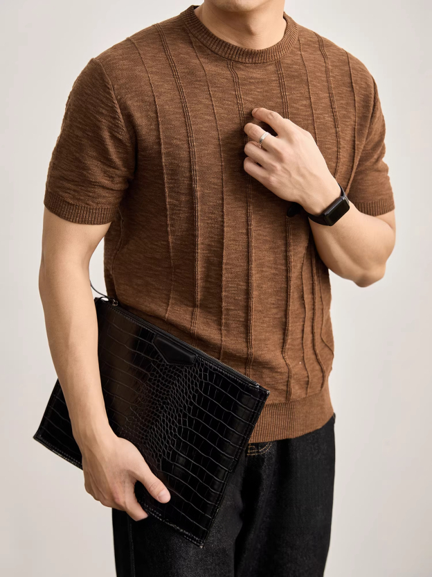 夏季男士豎條肌理感針織棉麻短袖T恤衫花紗混色亞麻圓領上衣