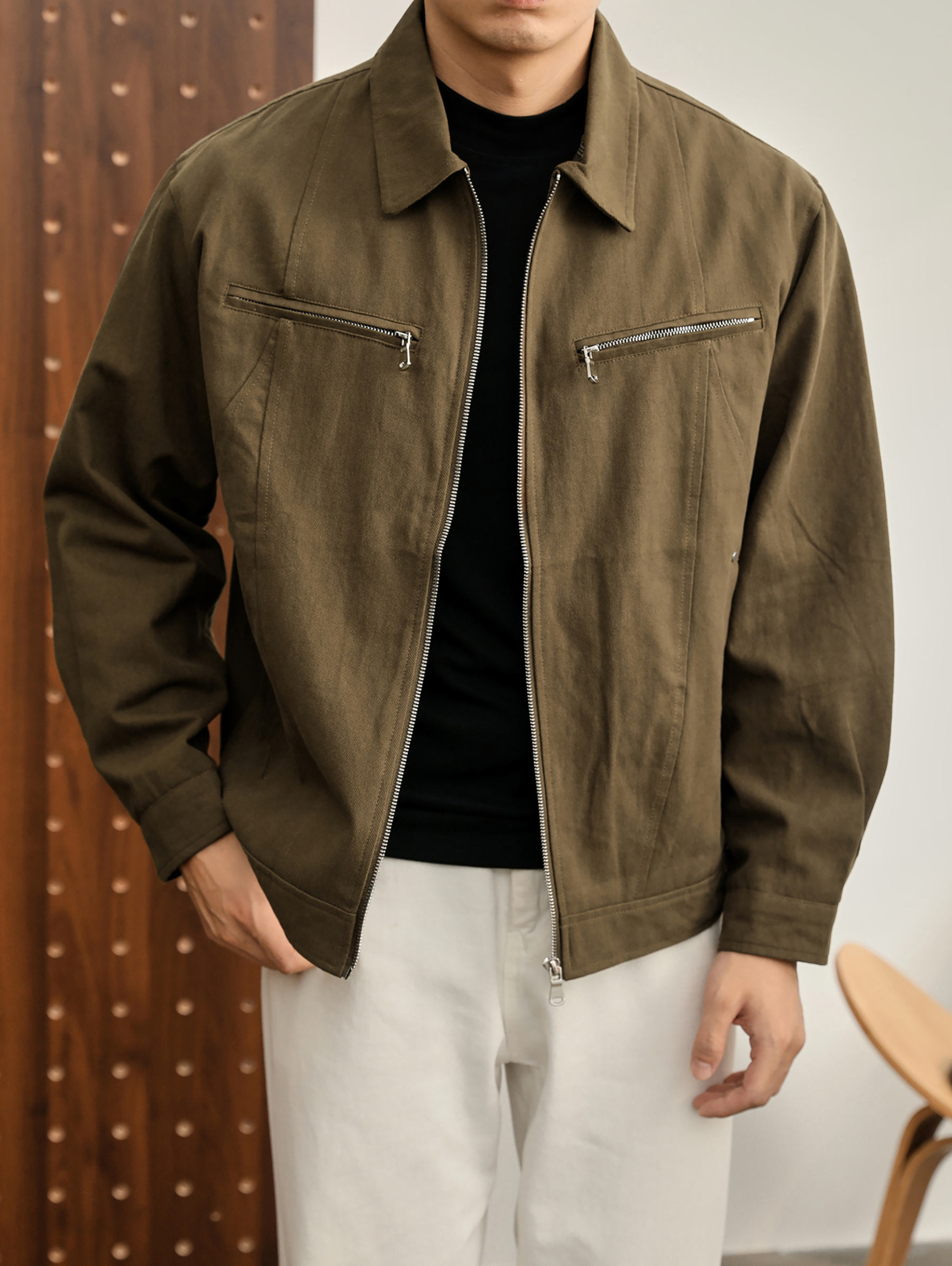 美拉德工裝哈靈頓短外套100%純棉復古拼接格紋帆布夾克男士