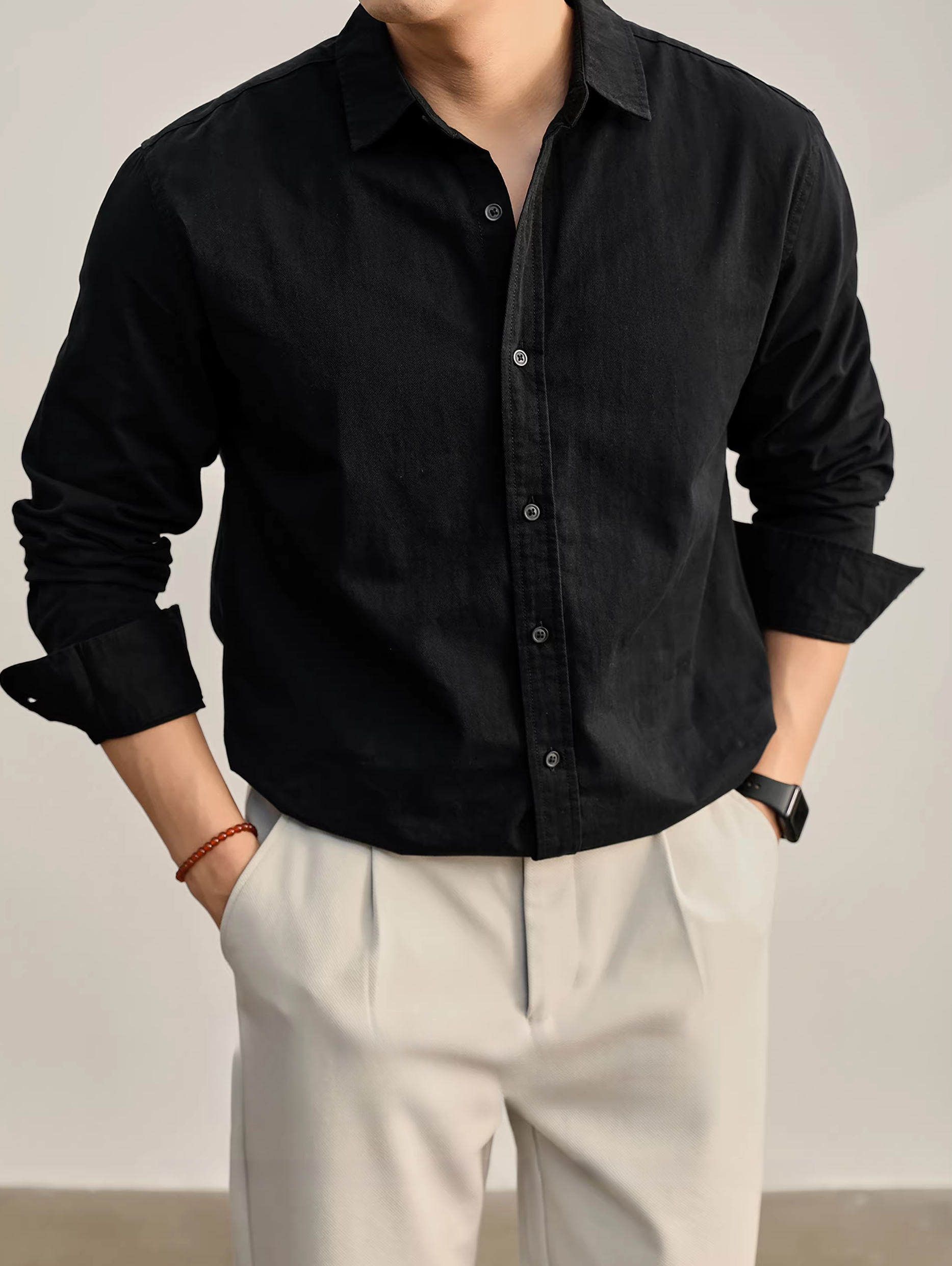 高端韓版100%純棉翻領襯衫男秋季純色時尚百搭長袖寸衣外套