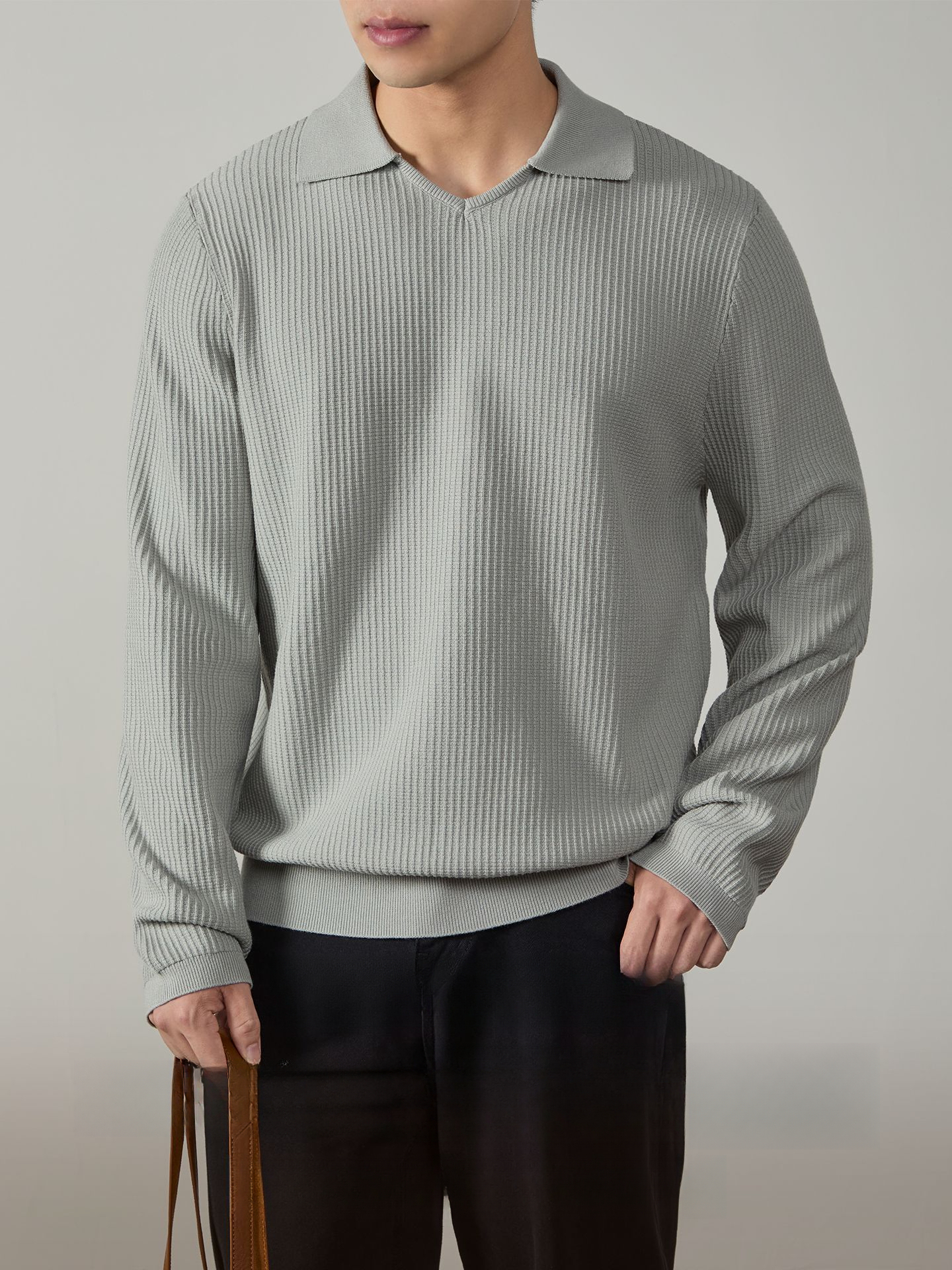 輕奢雙股針織衫V型翻領套頭毛衣男士秋冬保暖高級坑條肌理POLO衫