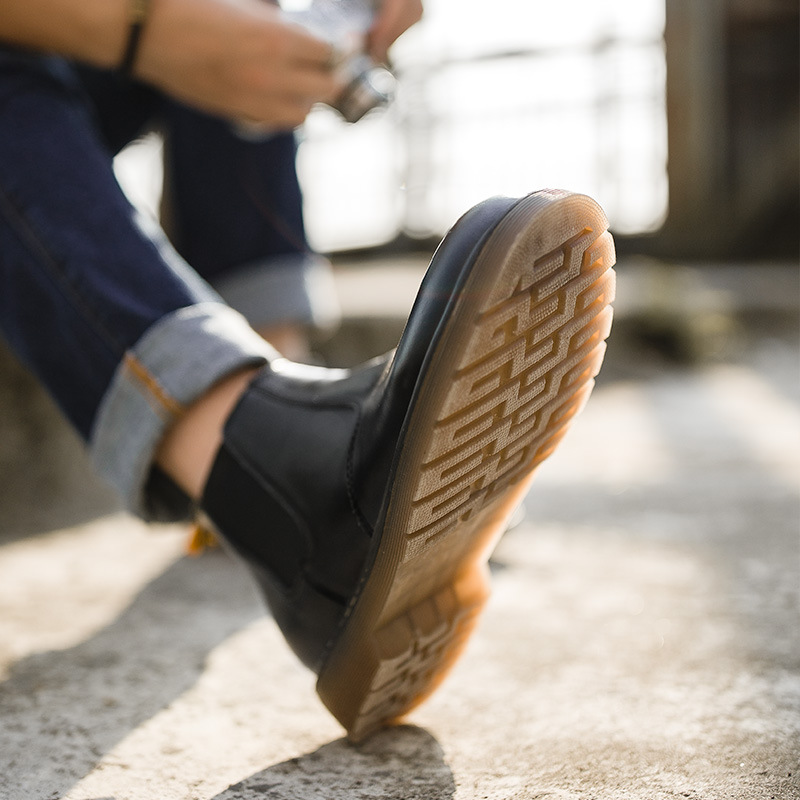 切爾西靴夏季英倫風中幫休閒工裝男鞋黑色高幫真皮馬丁靴子-Retro's Wear