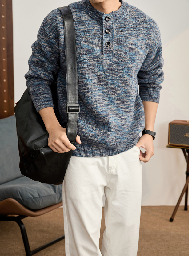 奢華多色漸變紗線針織毛衣男軟糯綿羊毛混紡保暖亨利領長袖