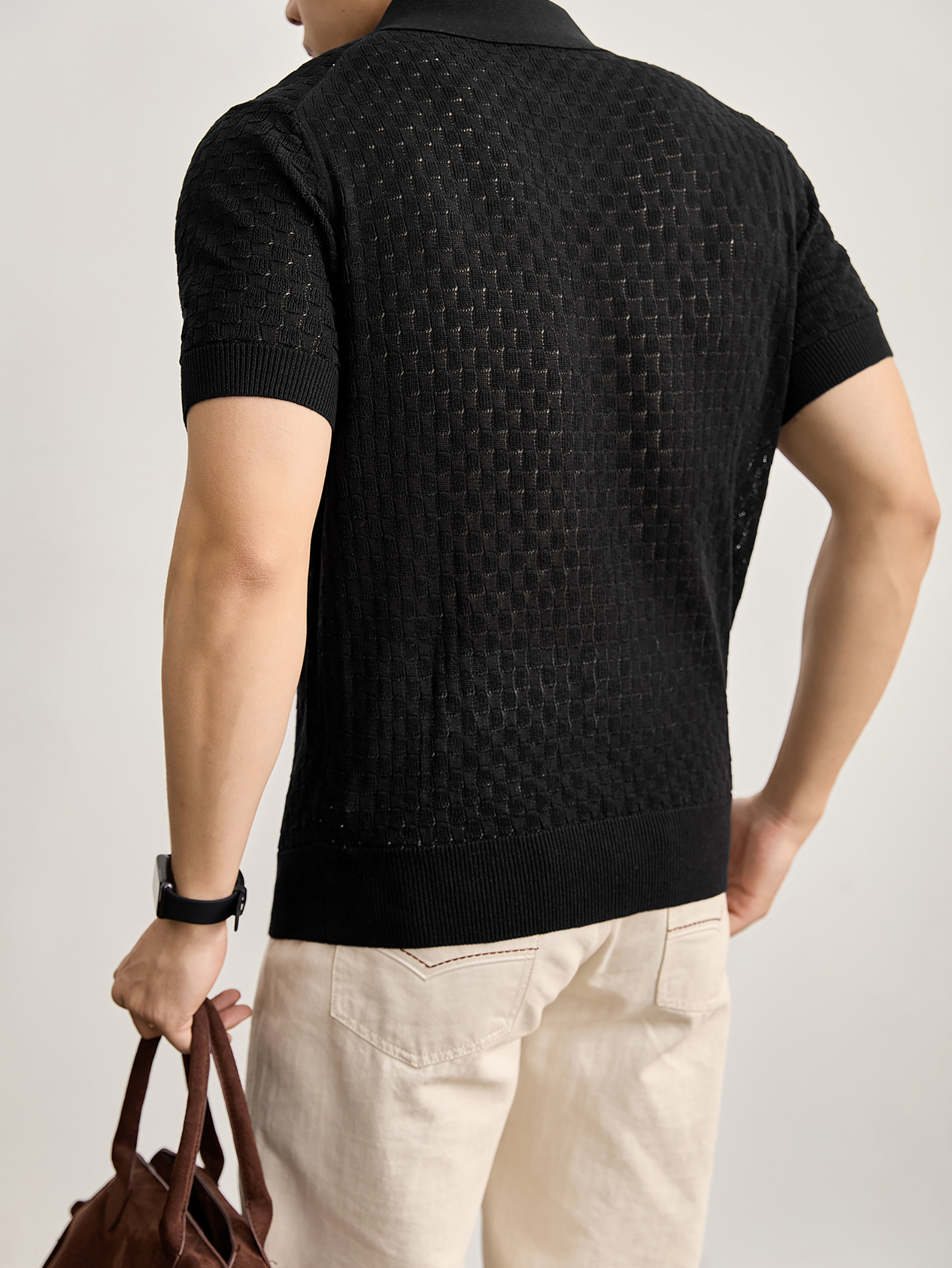 個性透氣蜂巢鏤空提花針織肌理T恤亞麻萊賽爾短袖polo衫男夏