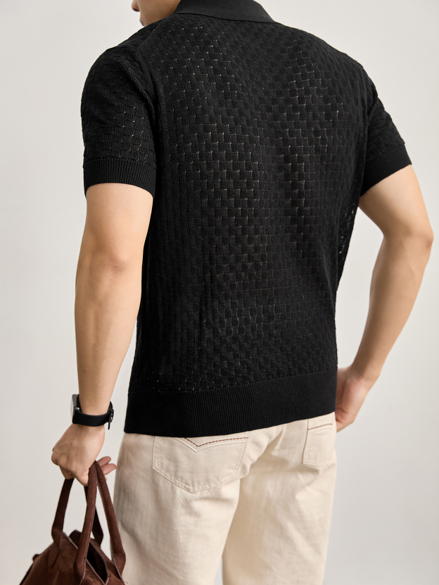 個性透氣蜂巢鏤空提花針織肌理T恤亞麻萊賽爾短袖polo衫男夏