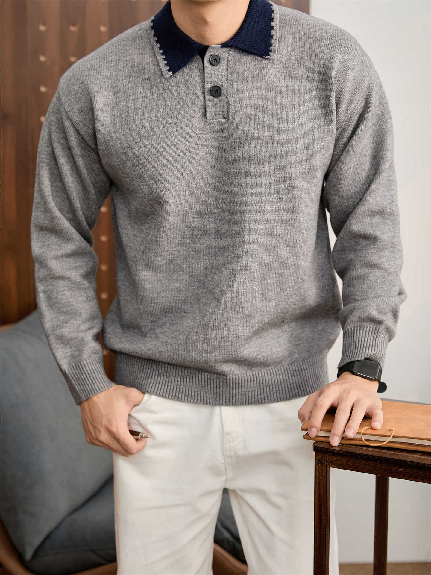 復古老錢風抗起球針織衫衛衣男士秋冬季撞色翻領長袖POLO衫