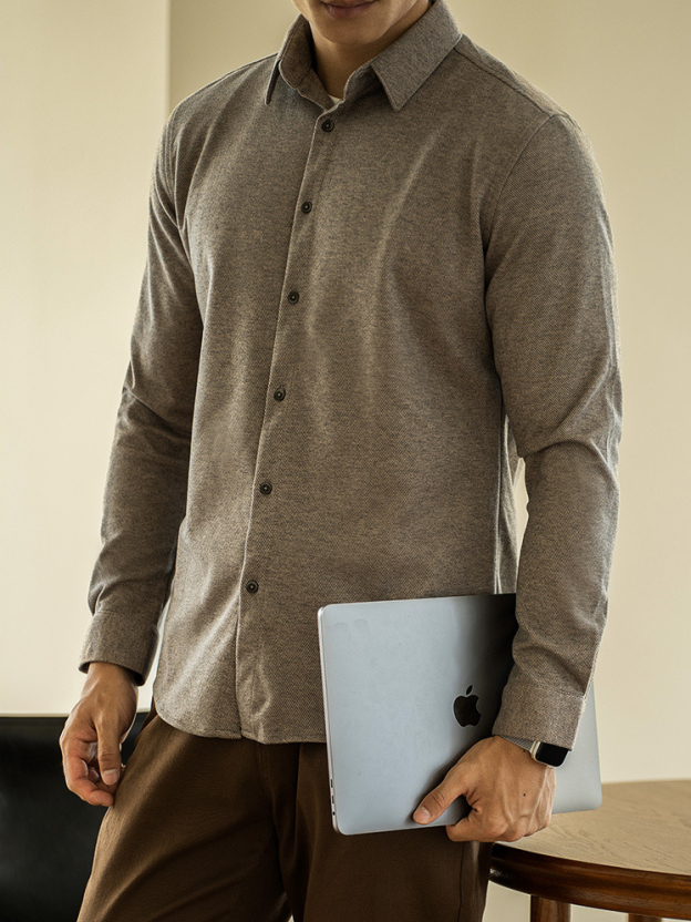 仿羊毛呢秋冬男士長袖襯衫商務休閒純色磨毛襯衣