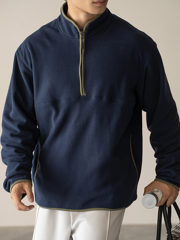 老錢風復古搖粒絨半拉鍊衛衣男秋冬加絨加厚保暖休閒長袖T恤