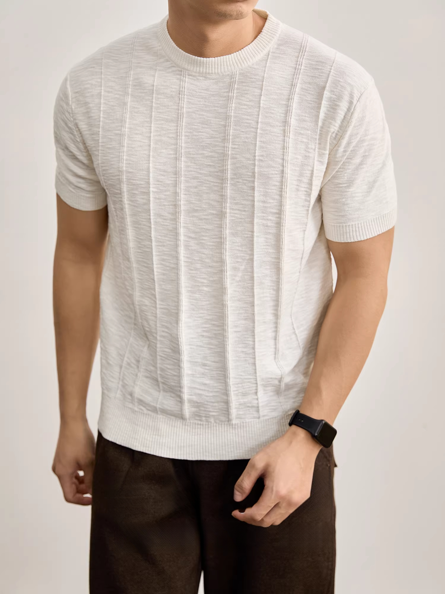 夏季男士豎條肌理感針織棉麻短袖T恤衫花紗混色亞麻圓領上衣