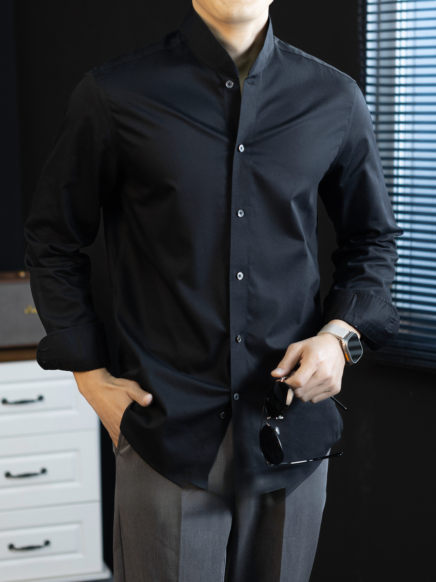 【新中式100%純棉】舒適長袖襯衫男商務休閒範免燙抗皺立領襯衣