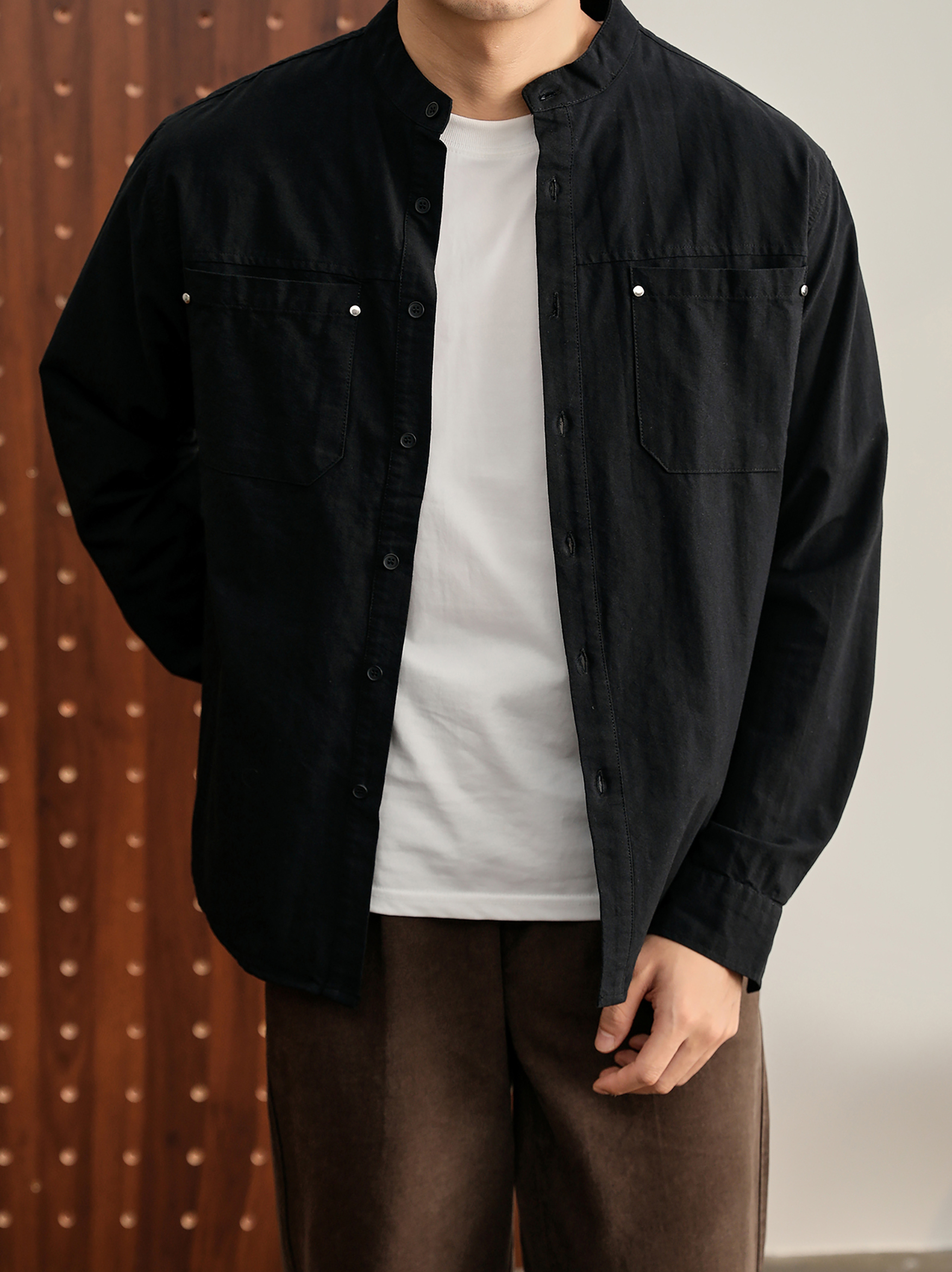 时尚潮奢立领长袖衬衫100%纯棉金属铆钉双口袋衬衣外套男款