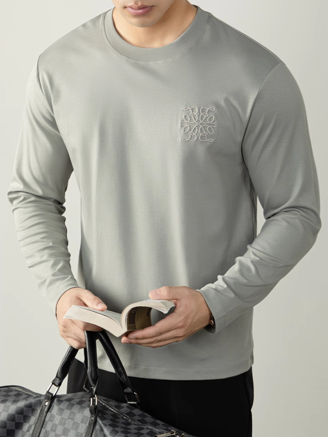 【80S高支萊賽爾】雙面液氨絲光長袖T恤男刺繡輕奢高端打底衫商務