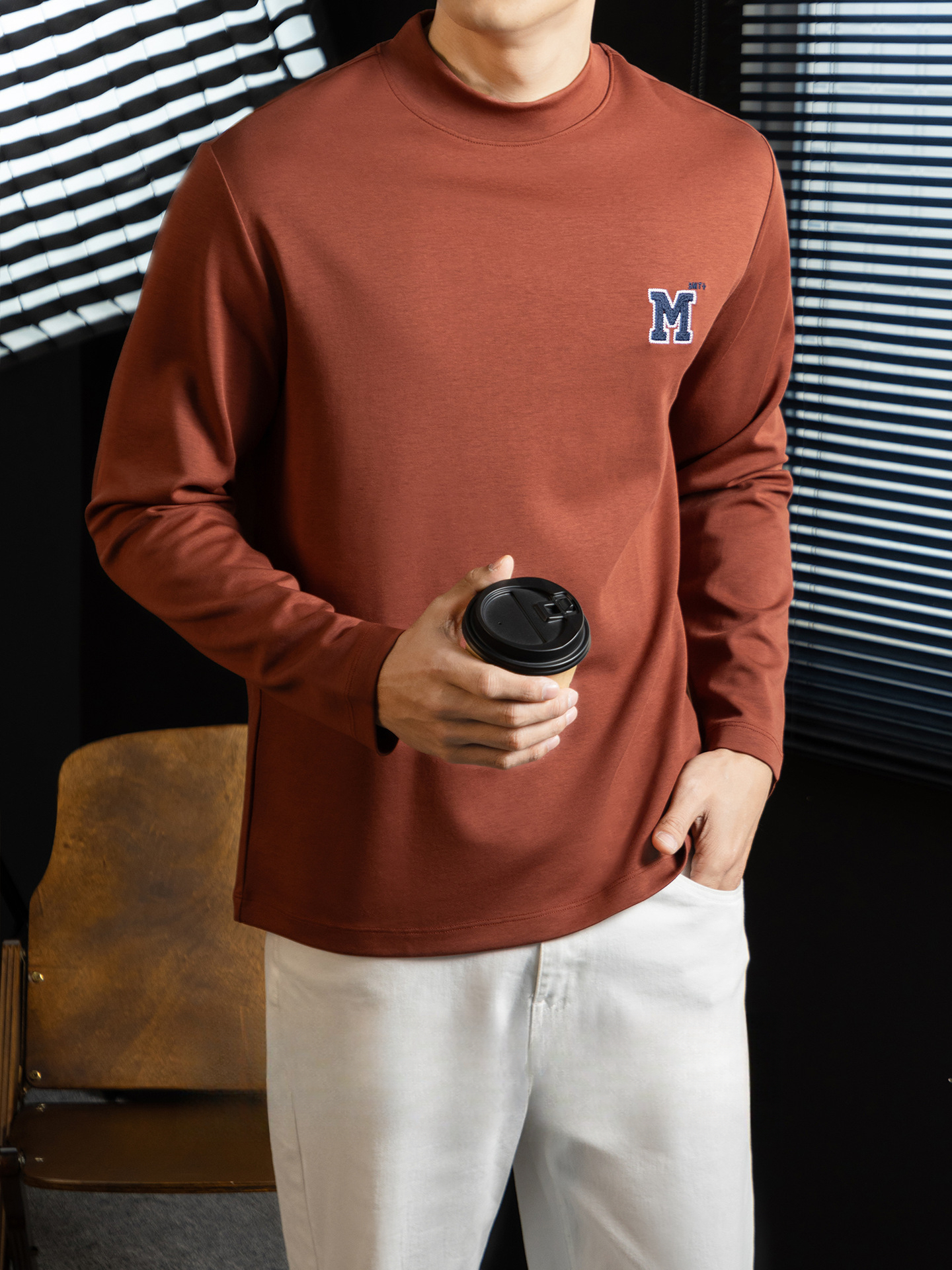 【靜奢休閒風】5A抗菌莫代爾棉長袖T恤秋冬男士中領打底衫3D刺繡