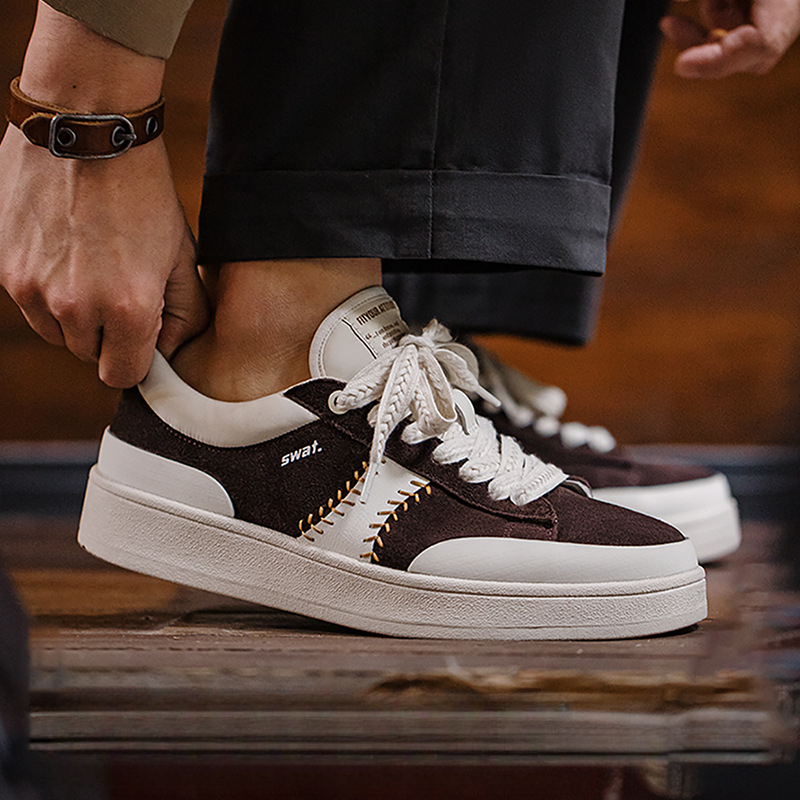 春季新款棒球設計男鞋平底休閒鞋厚底增高潮流復古百搭板鞋