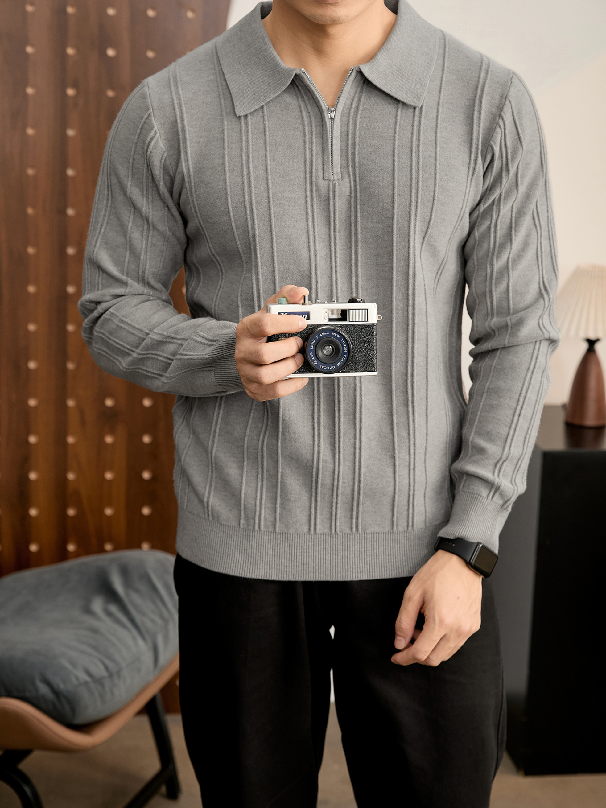 復古老錢半拉鍊翻領針織衫男秋冬豎紋肌理提花抗起球POLO衫