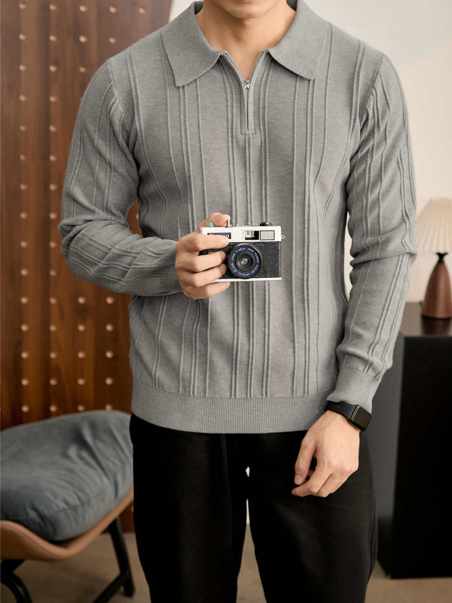 復古老錢半拉鍊翻領針織衫男秋冬豎紋肌理提花抗起球POLO衫