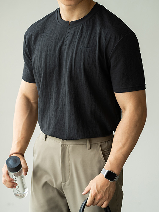仿亞麻冰絲涼感薄款亨利領短袖T恤男2025夏透氣垂感休閒新款上衣
