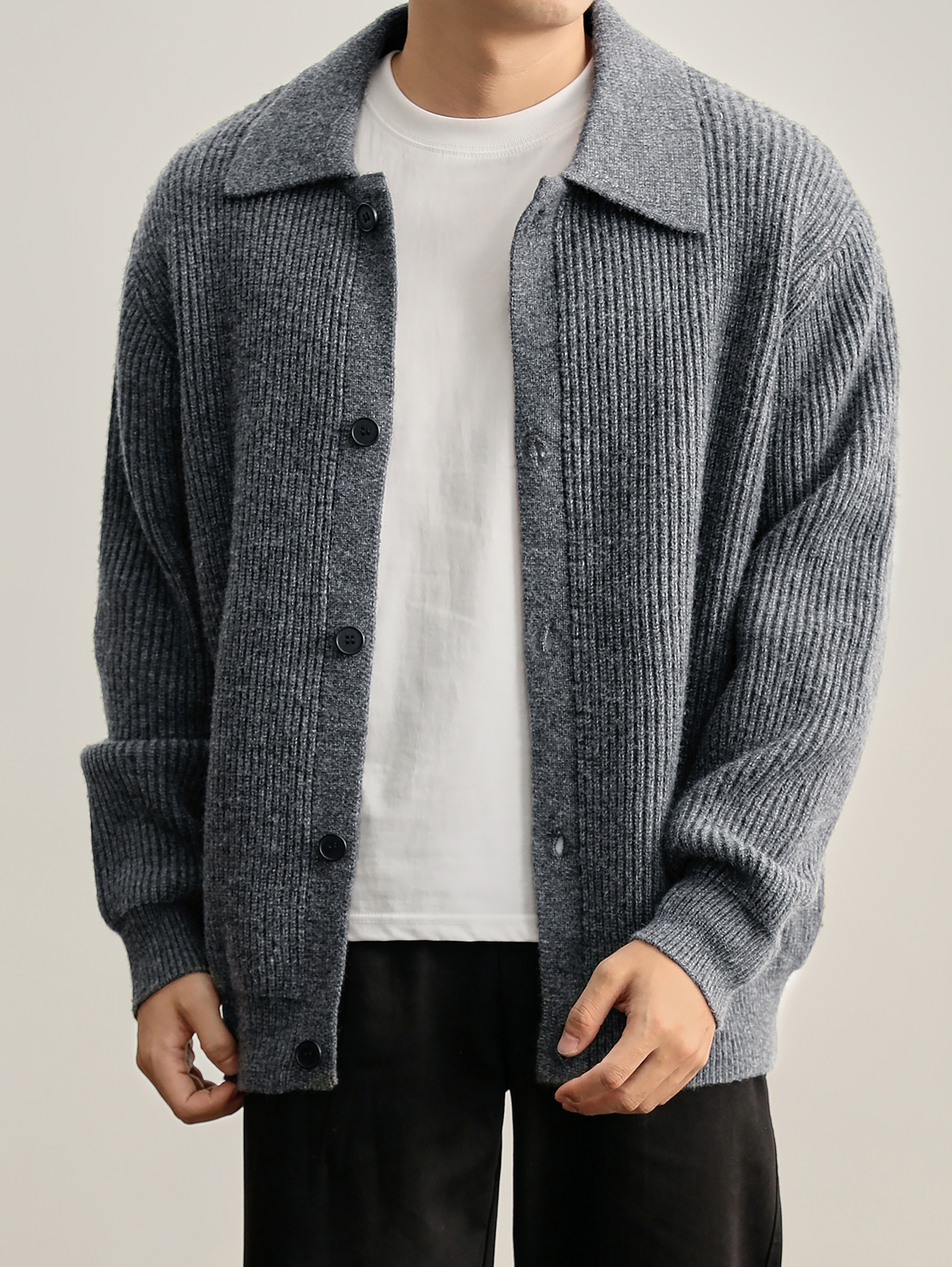 慵懒风坑条肌理感翻领针织开衫毛衣男秋冬简约cleanfit外套