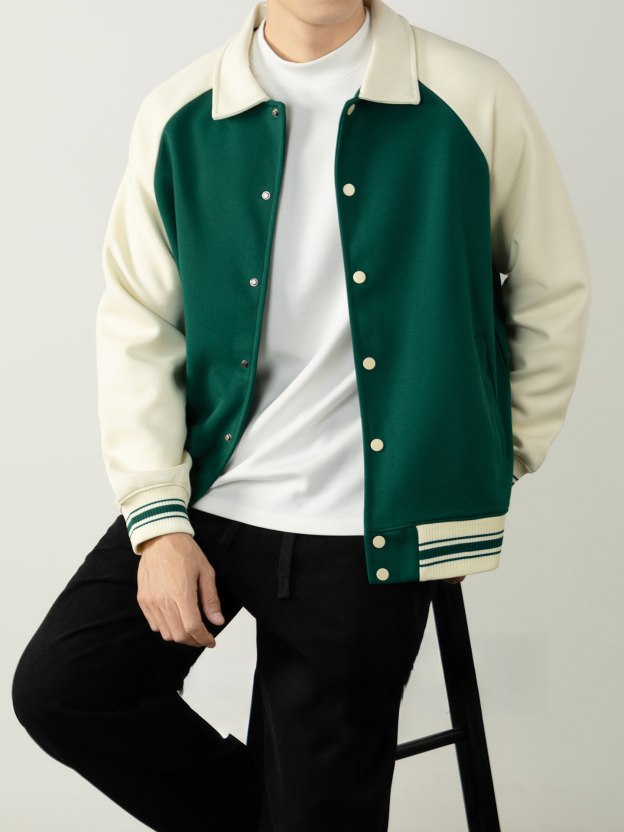 【復古撞色格調】380G重磅精梳棉棒球服翻領男士冬日暖感穿搭單品