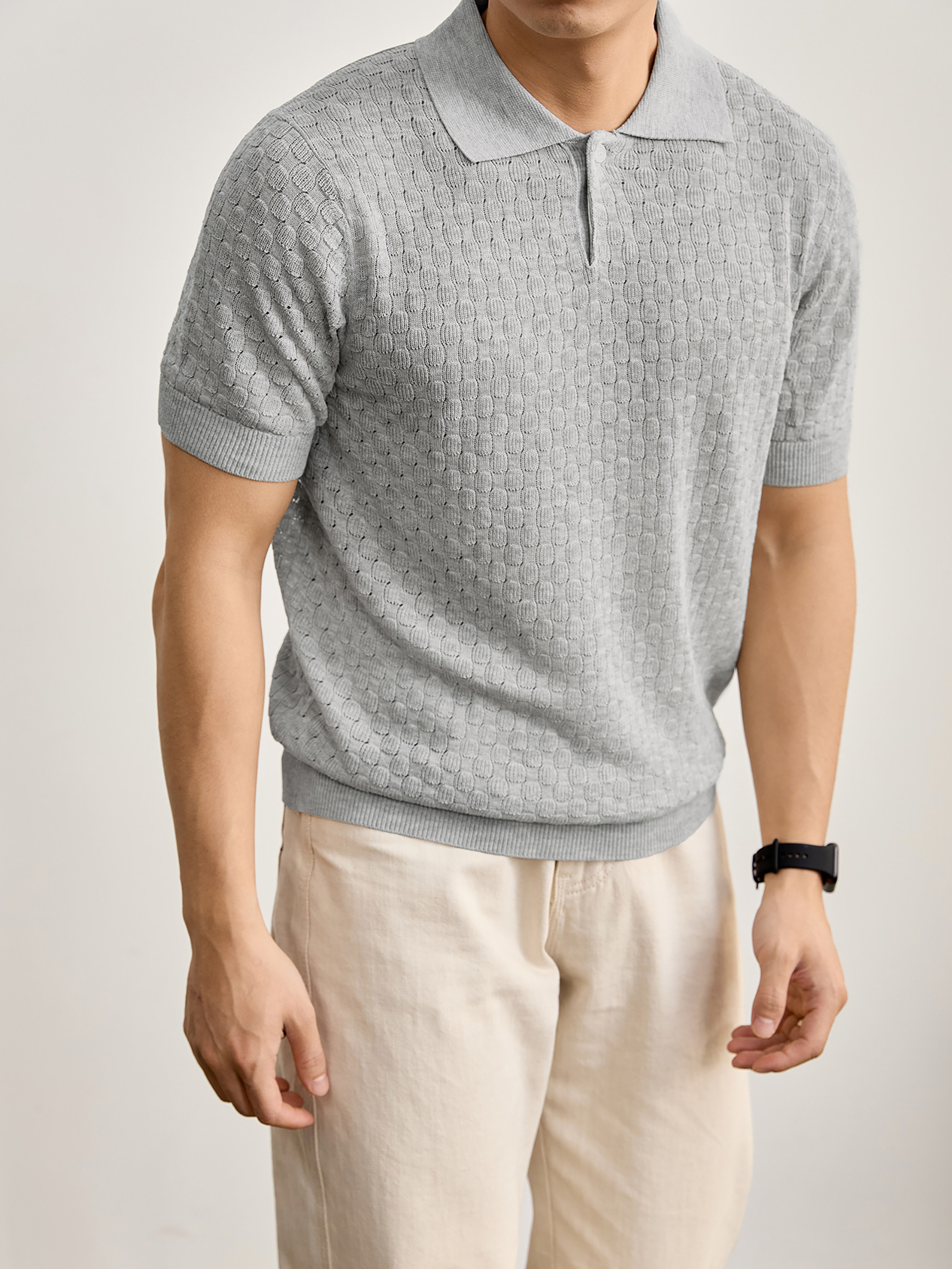 個性透氣蜂巢鏤空提花針織肌理T恤亞麻萊賽爾短袖polo衫男夏