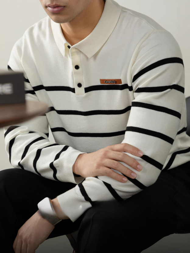 高端綿羊毛莫代爾黑白條紋Polo針織衫秋冬翻領針織衫