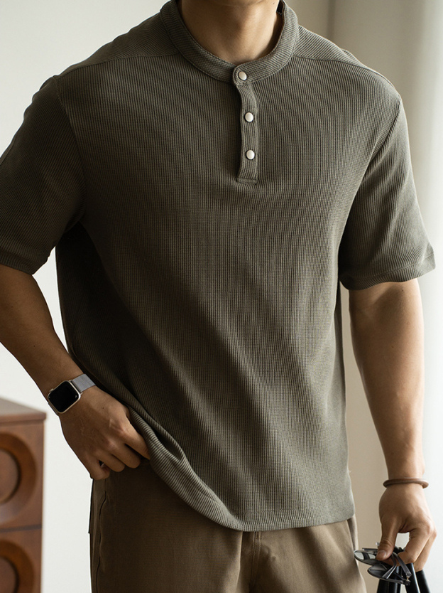 美式復古亨利領華夫格短袖T恤男2025春夏新款通勤休閒半袖上衣