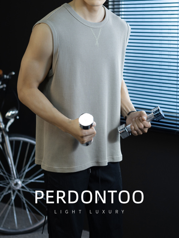 【極簡三角設計】240g華夫格肌理無袖背心男夏季舒適抗菌坎肩t桖