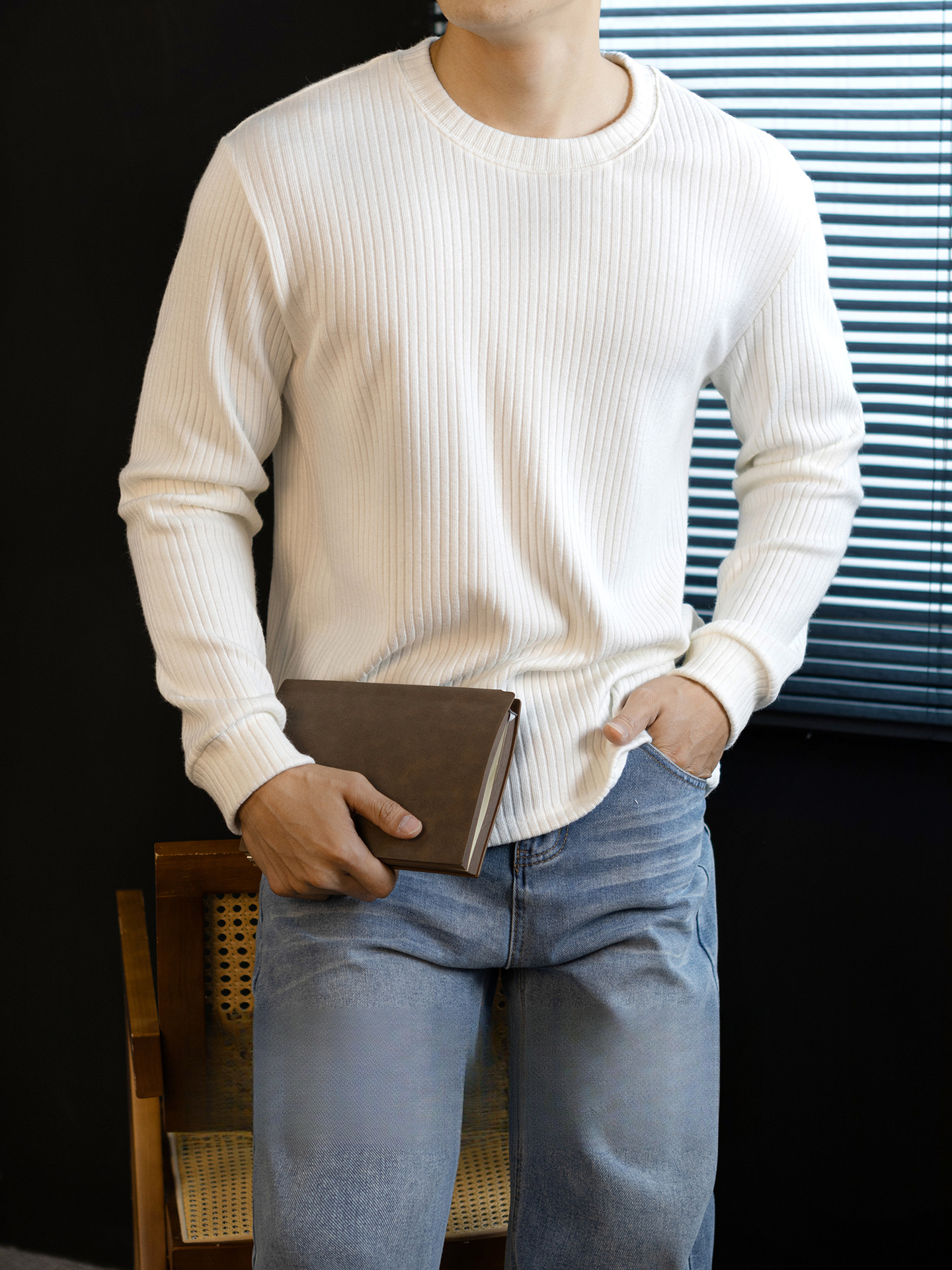 【儒雅格調】經典豎條紋寬鬆針織T桖長袖男士輕熟休閒打底春秋季