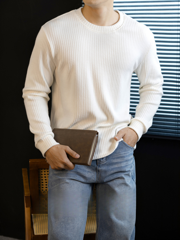 【儒雅格調】經典豎條紋寬鬆針織T桖長袖男士輕熟休閒打底春秋季