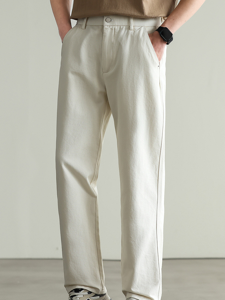 日系棉肌理白色休閒褲男士2025春季新款休閒純色通勤九分褲男