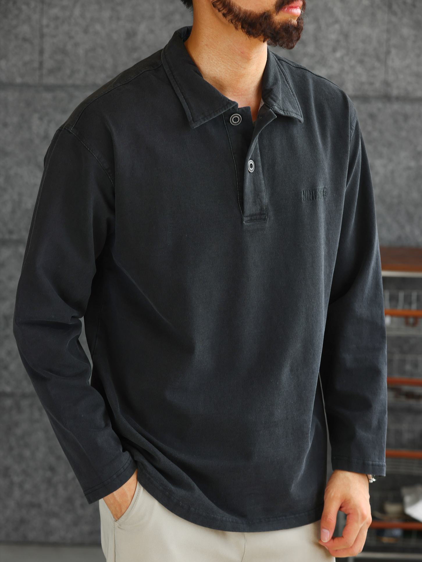 【智性通勤】水洗牛仔質感針織長袖POLO衫男紳士翻領T恤