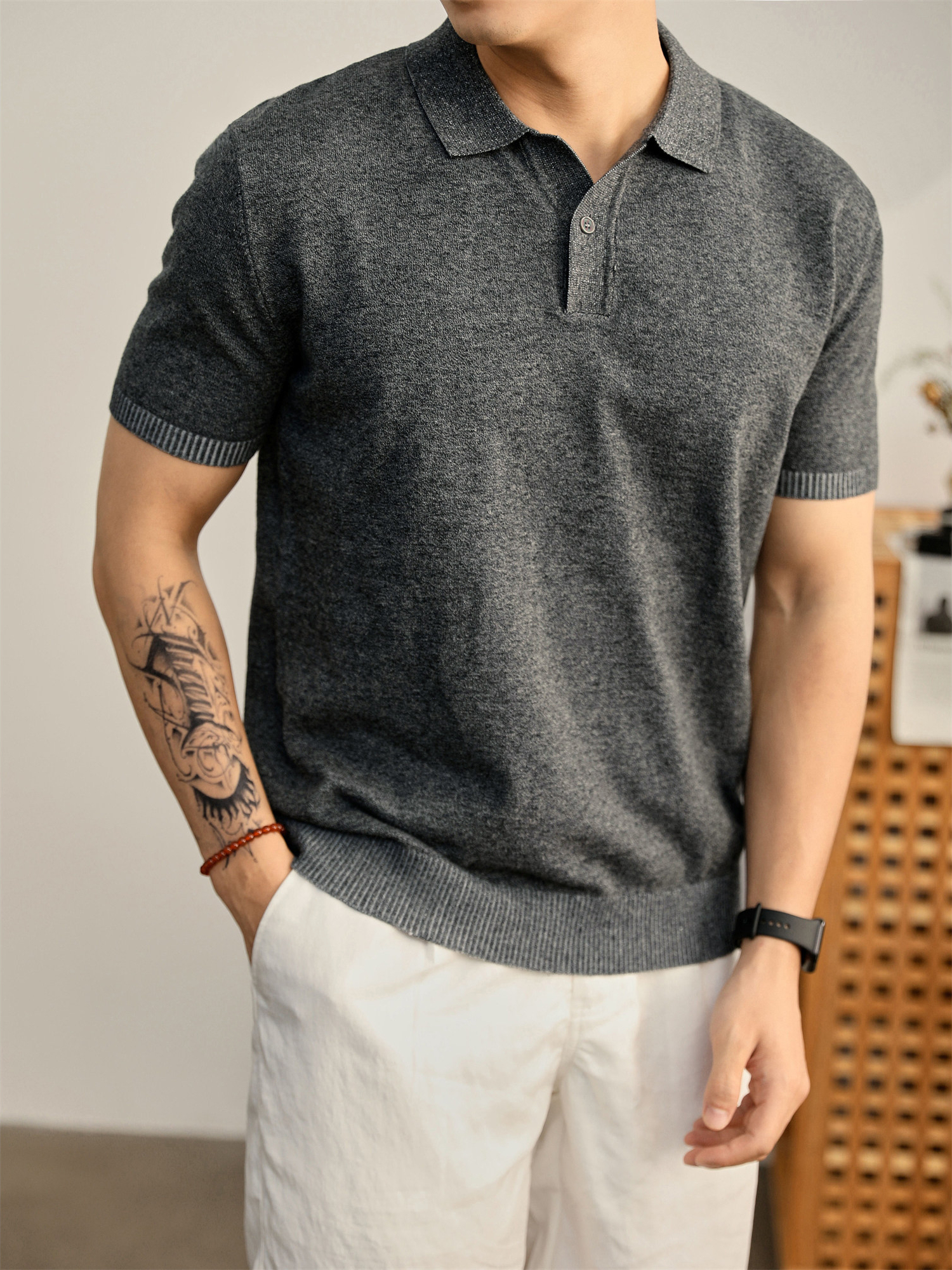 男夏季花天藍單紐扣設計翻領POLO衫輕奢休閒水洗棉針織短袖