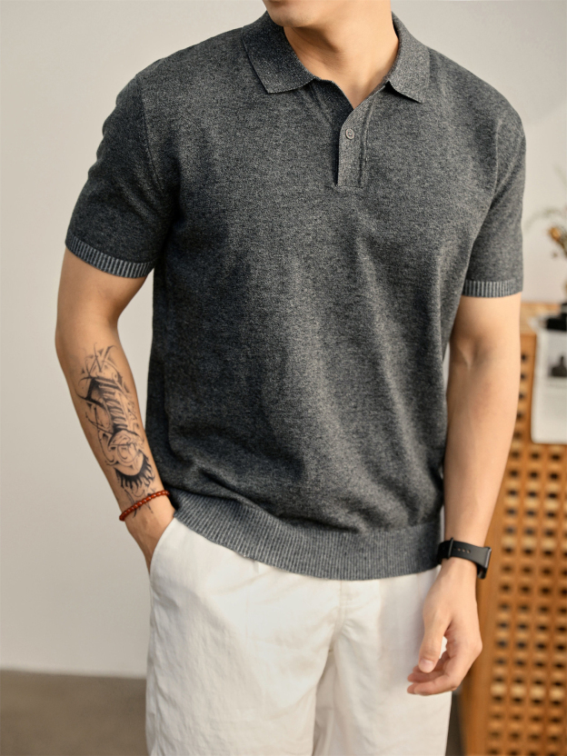 男夏季花天藍單紐扣設計翻領POLO衫輕奢休閒水洗棉針織短袖