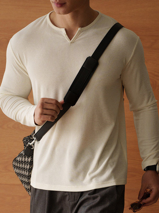 萊賽爾混紡小V領半開襟長袖T恤男士2026春季新款雲感親膚上衣