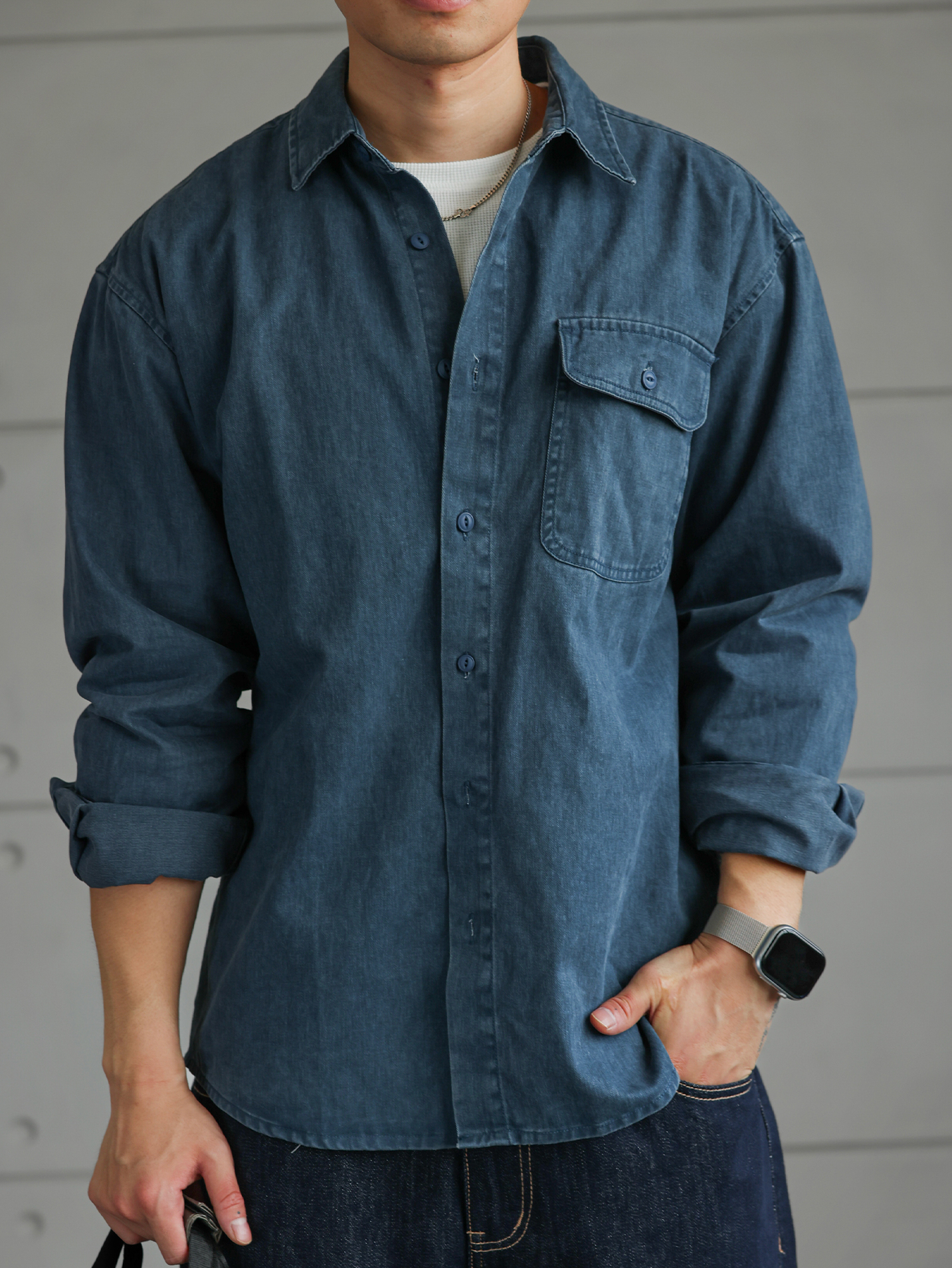 【多瑙河畔】法工藍仿牛仔不掉色襯衣男秋季輕熟紳士襯衫