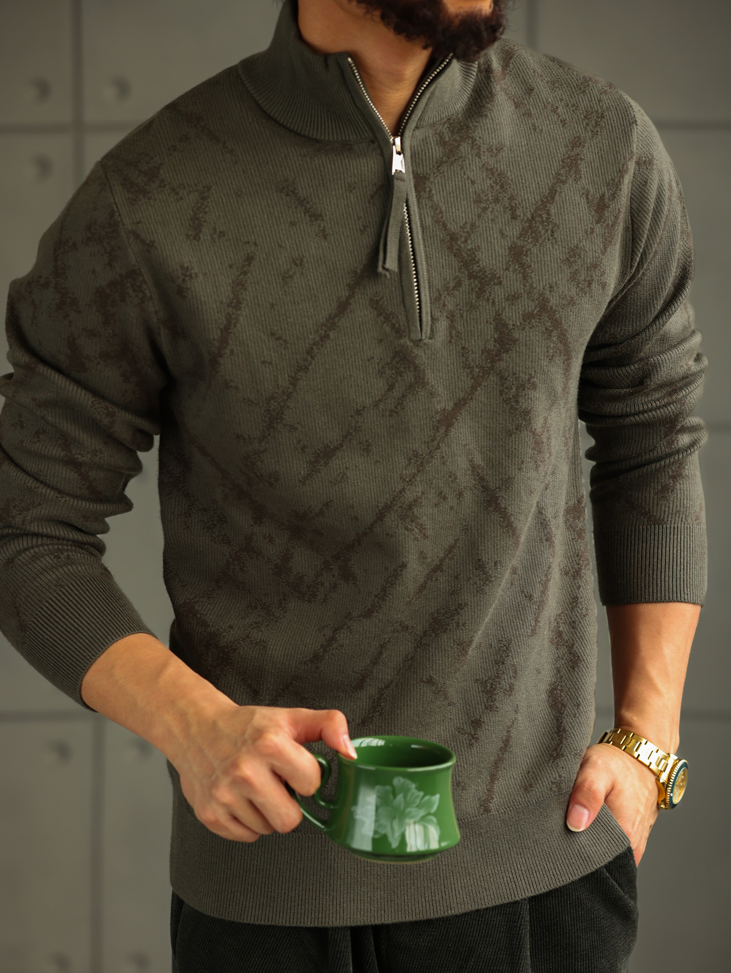 【智感鬆弛】格調花紋半高領針織衫男士拉鍊套頭打底毛衣