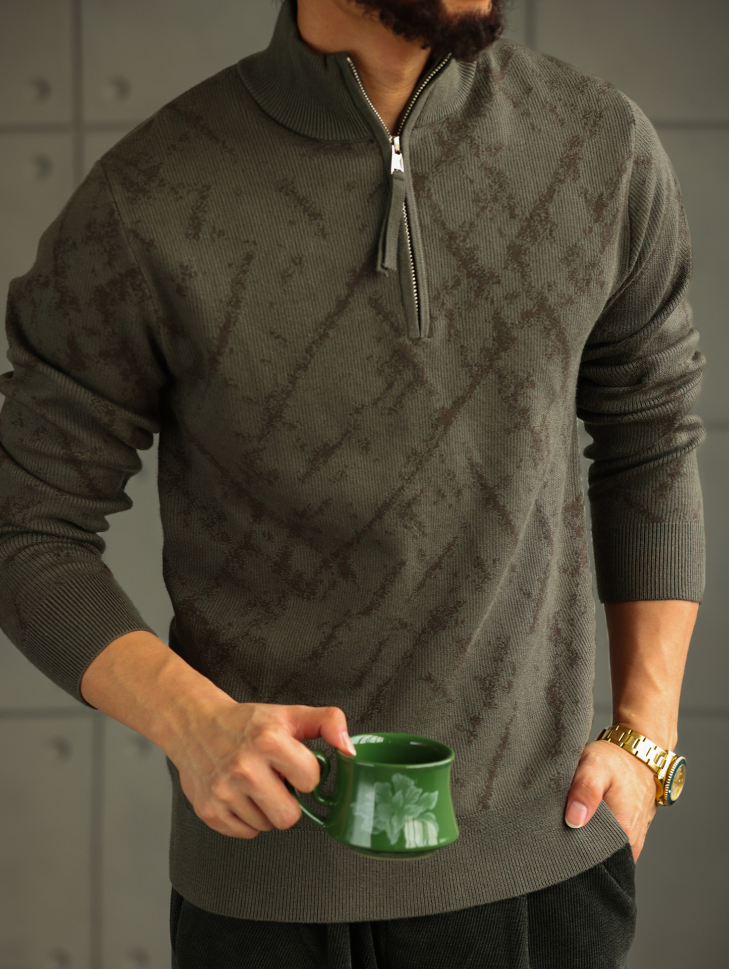 【智感鬆弛】格調花紋半高領針織衫男士拉鍊套頭打底毛衣